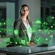 Profissional de tecnologia com ícones de dados e segurança.